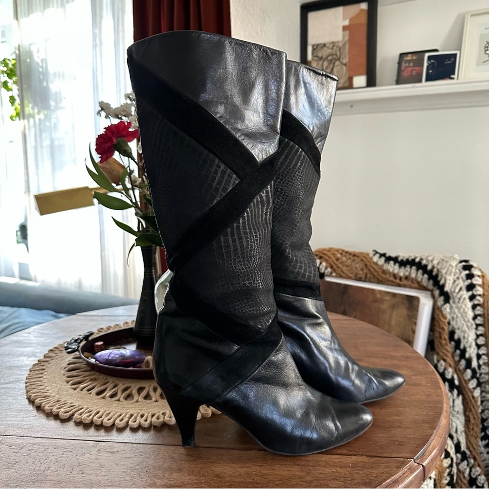 Vintage Nina genuine leather knee-high black zigzag boots